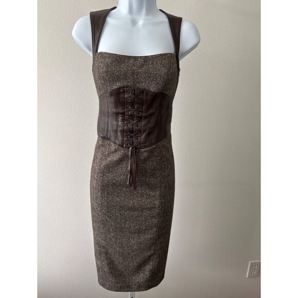 Y2K Bebe Dress Sz 10 Wool Blend Tweed Leather Corset Detail Lace Up Bodycon Slit - Picture 2 of 16